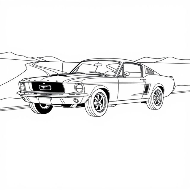 A black and white outline drawing of a classic 1967 Ford Mustang Fastback, designed for coloring