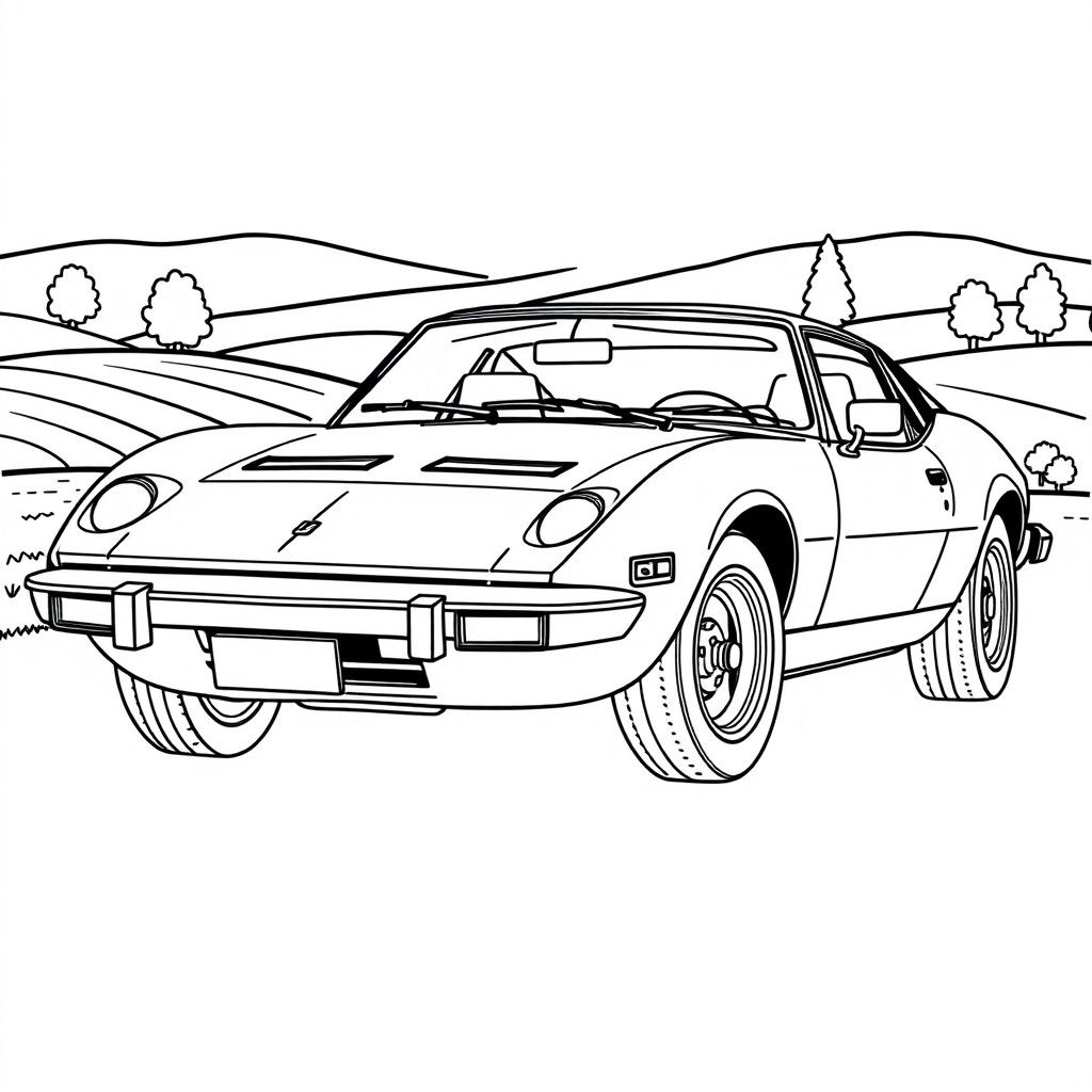 A black and white outline drawing of a 1975 Puma GTS 1600 sports car, designed for coloring