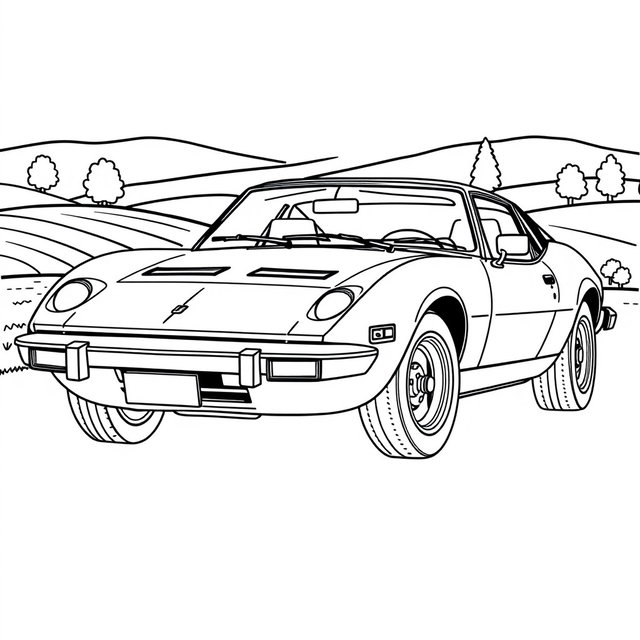 A black and white outline drawing of a 1975 Puma GTS 1600 sports car, designed for coloring