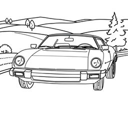 A black and white outline drawing of a 1975 Puma GTS 1600 sports car, designed for coloring