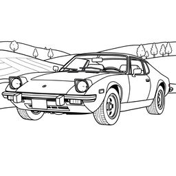 A black and white outline drawing of a 1975 Puma GTS 1600 sports car, designed for coloring