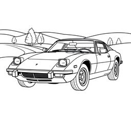 A black and white outline drawing of a 1975 Puma GTS 1600 sports car, designed for coloring