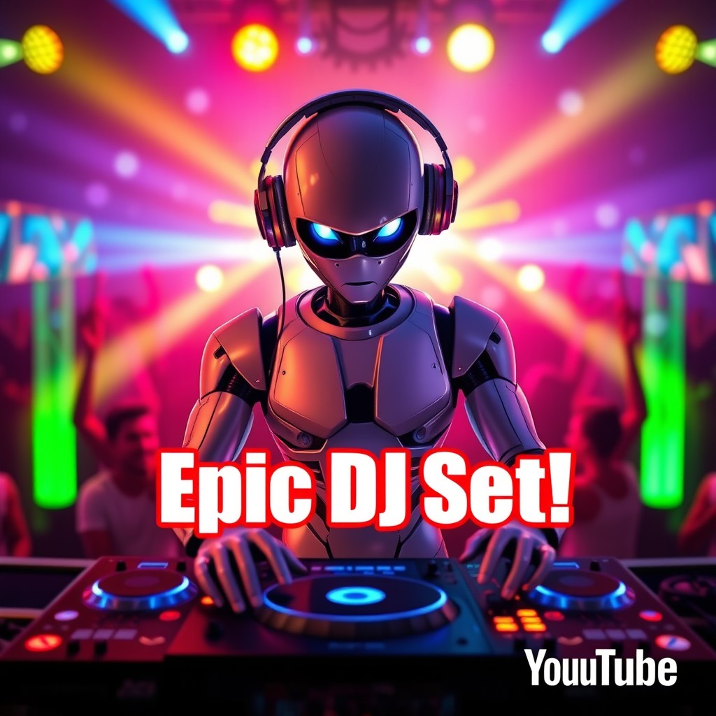 A vibrant and eye-catching YouTube thumbnail featuring a futuristic android DJ wearing stylish headphones, standing confidently at a CDJ setup