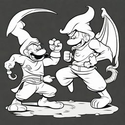 A high contrast, black and white vector-style illustration of Papa Smurf fighting with a dragon. Maintain a simple, flat design and line art style.