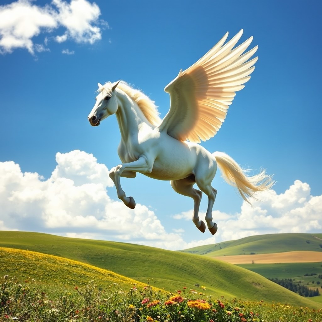 A majestic Pegasus flying gracefully through a bright blue sky, with its majestic wings fully spread, capturing the essence of freedom and beauty