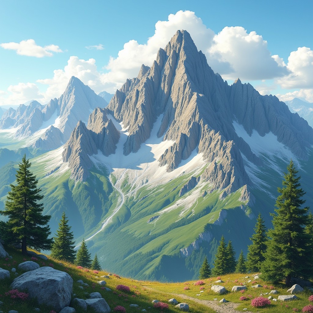 A detailed and educational depiction of a mountain's relief, showcasing its various features