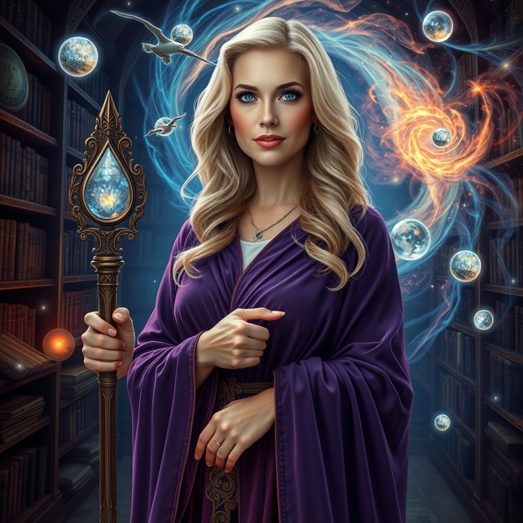 A mid-40s woman with striking blue eyes and wavy blonde hair, elegantly dressed in mystical robes that shimmer with a spectral glow