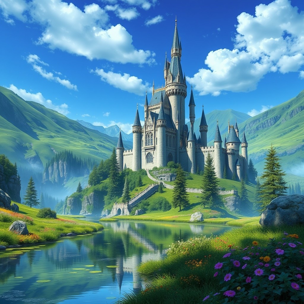 A majestic kingdom landscape featuring grand castle structures with towering spires, lush green hills, and a serene blue sky