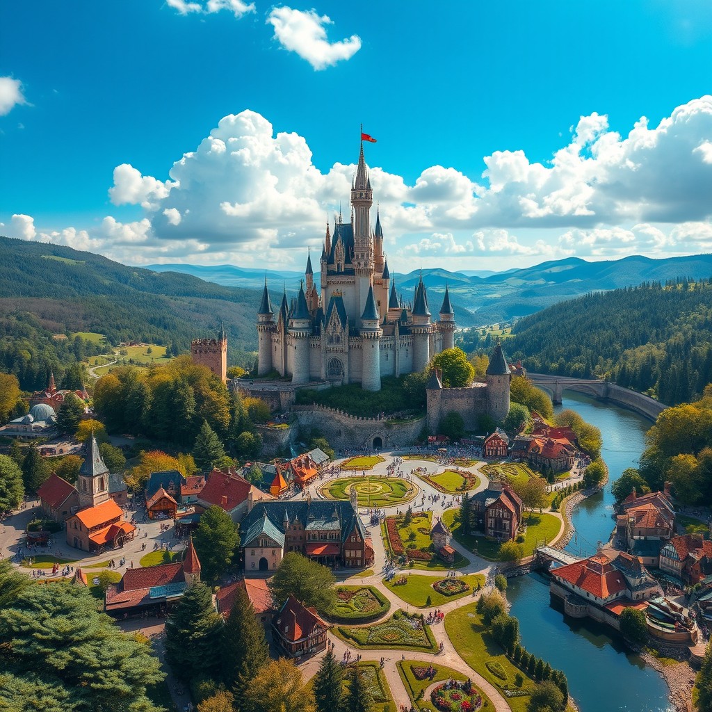 A majestic kingdom landscape featuring a grand castle at its center, surrounded by bustling towns and cities with charming medieval architecture