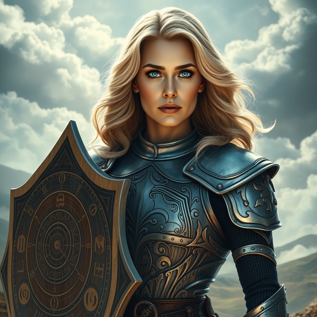 A mid-40s woman with striking blue eyes and wavy blonde hair, dressed as a time wizard