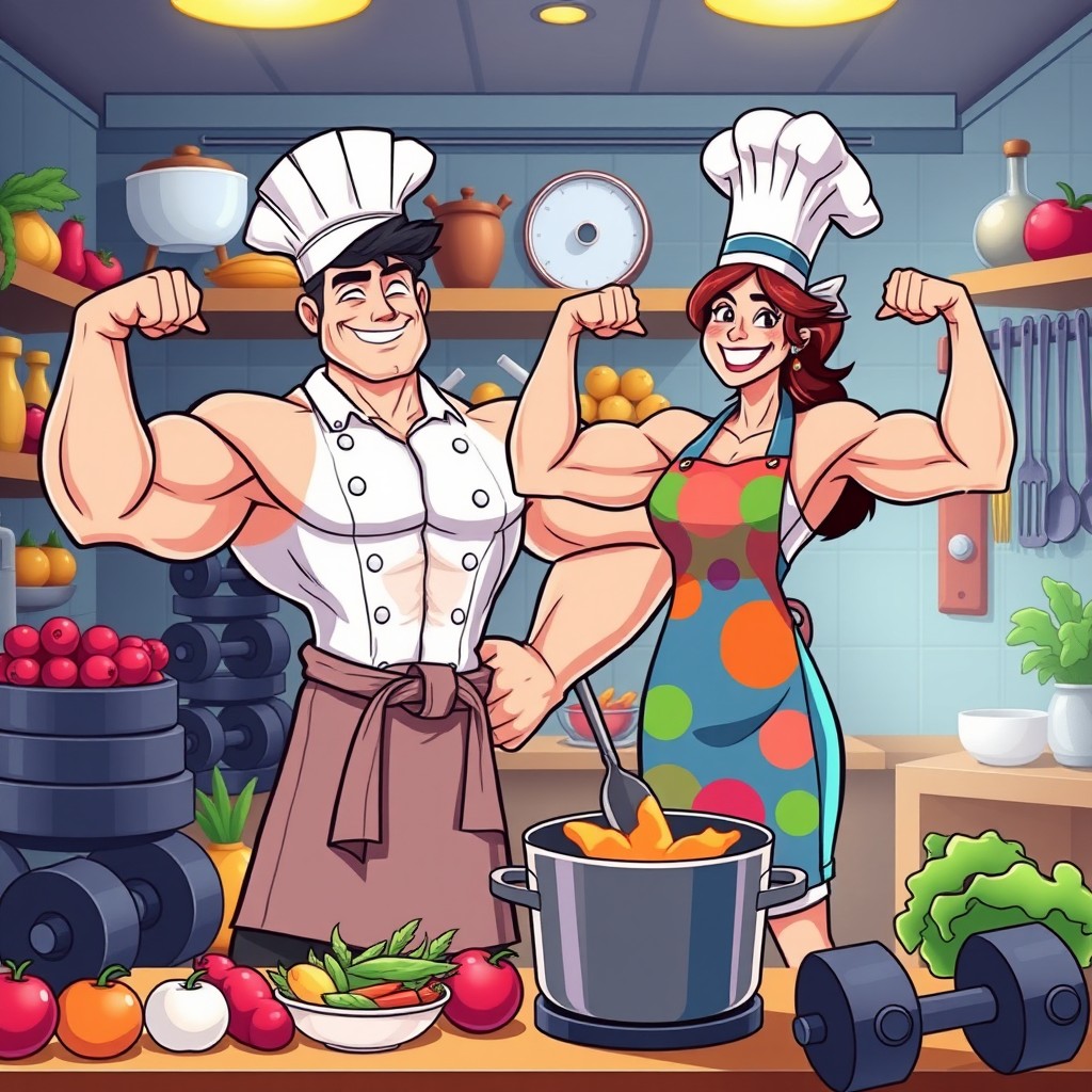 A vibrant and playful cartoon illustration of a chef couple who are bodybuilders