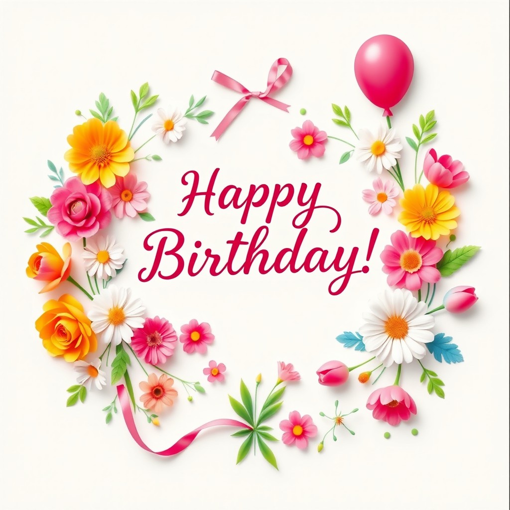 A beautifully designed birthday card featuring a vibrant floral arrangement with bright, colorful flowers like roses, daisies, and tulips