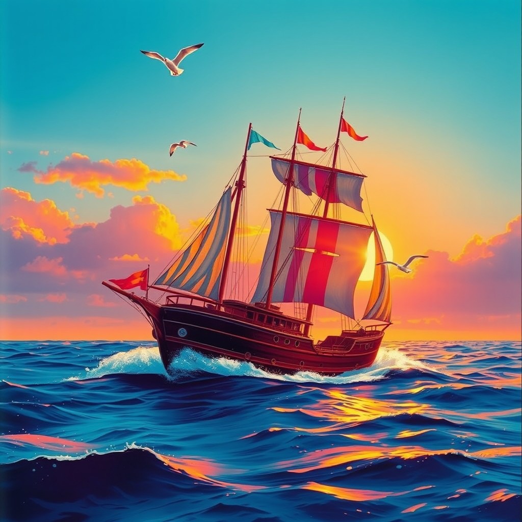 An artistic representation of the 1986 film "Voyage"," featuring a nostalgic scene depicting the essence of adventure at sea