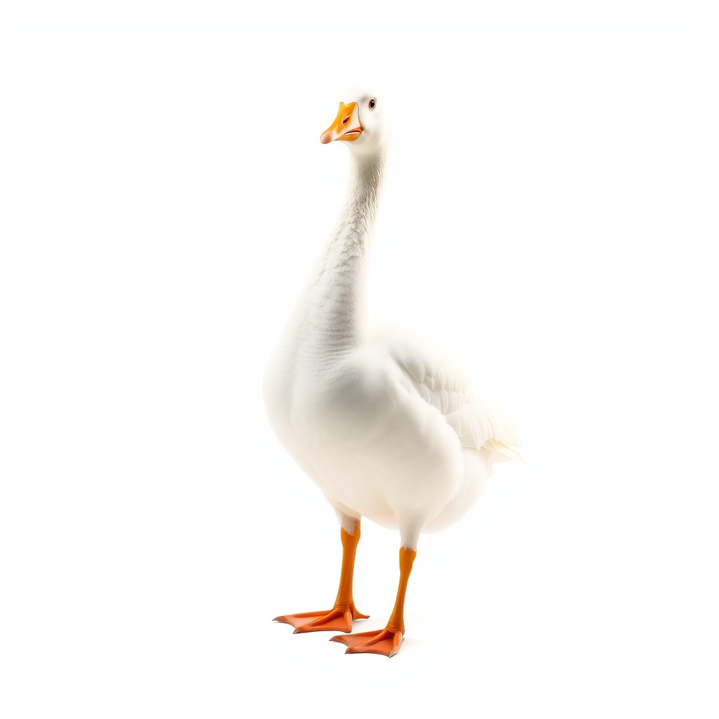 A solitary goose standing proud and majestic against a pure white background