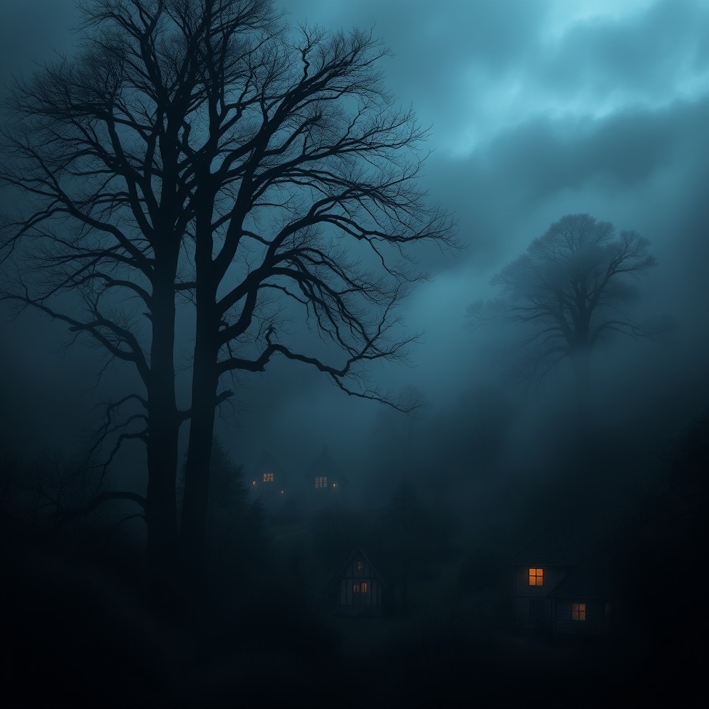 A dark forest scene featuring a mysterious village shrouded in thick fog