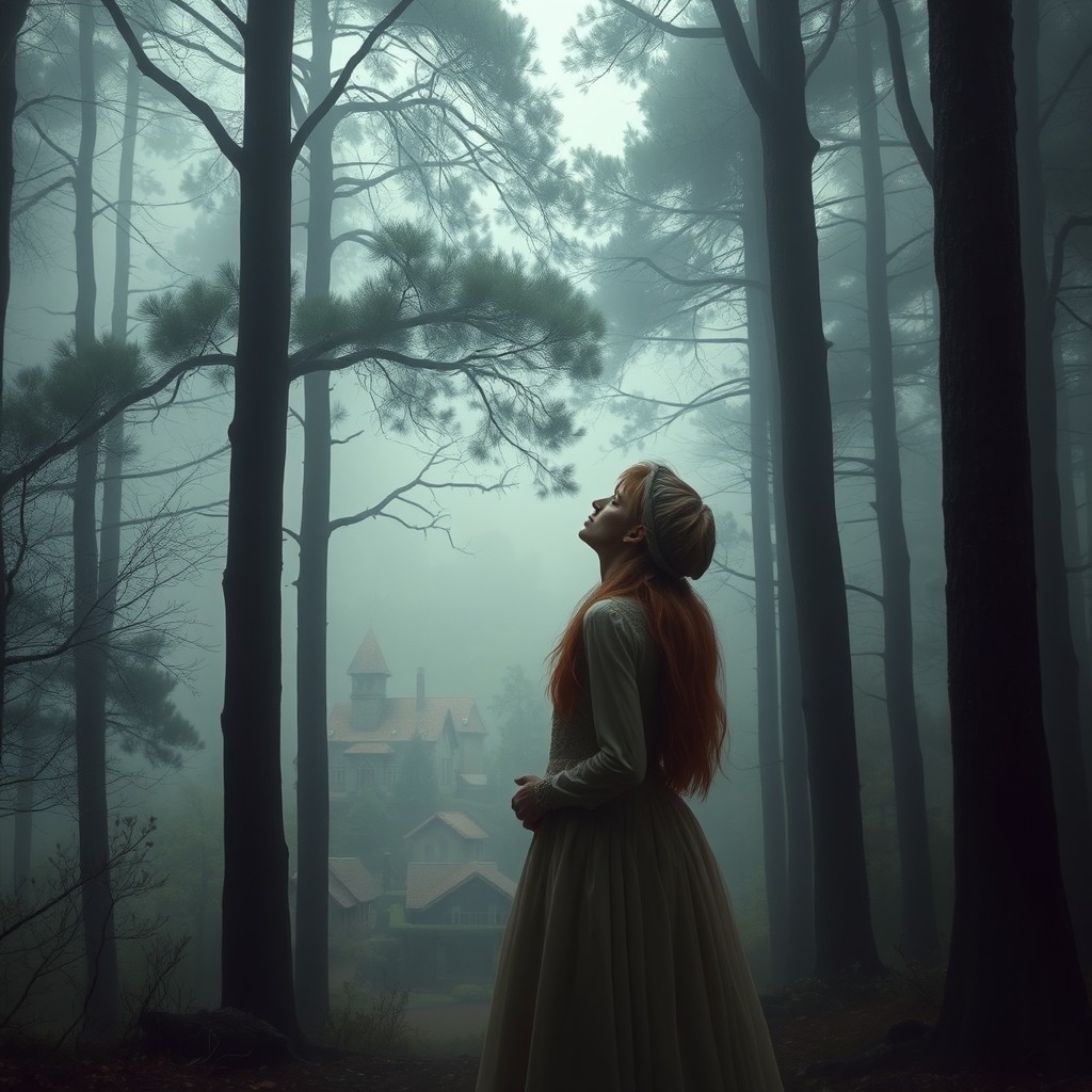 A young man kissing a girl in a mystical forest, surrounded by tall trees, with a village shrouded in fog in the background