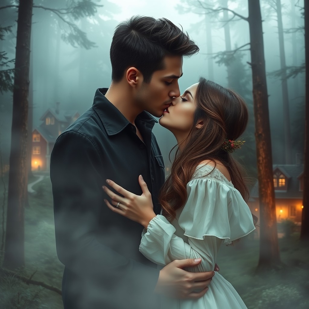 A strikingly handsome young man kissing a girl in an enchanting forest, surrounded by tall trees and a village cloaked in fog in the background