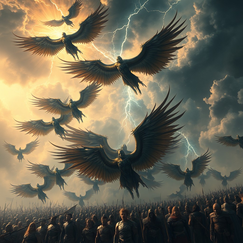 A breathtaking scene of corrupted fallen gods descending from a cracked firmament, each god adorned with 5 to 6 majestic wings, showcasing a mix of dark plumage and ethereal glow