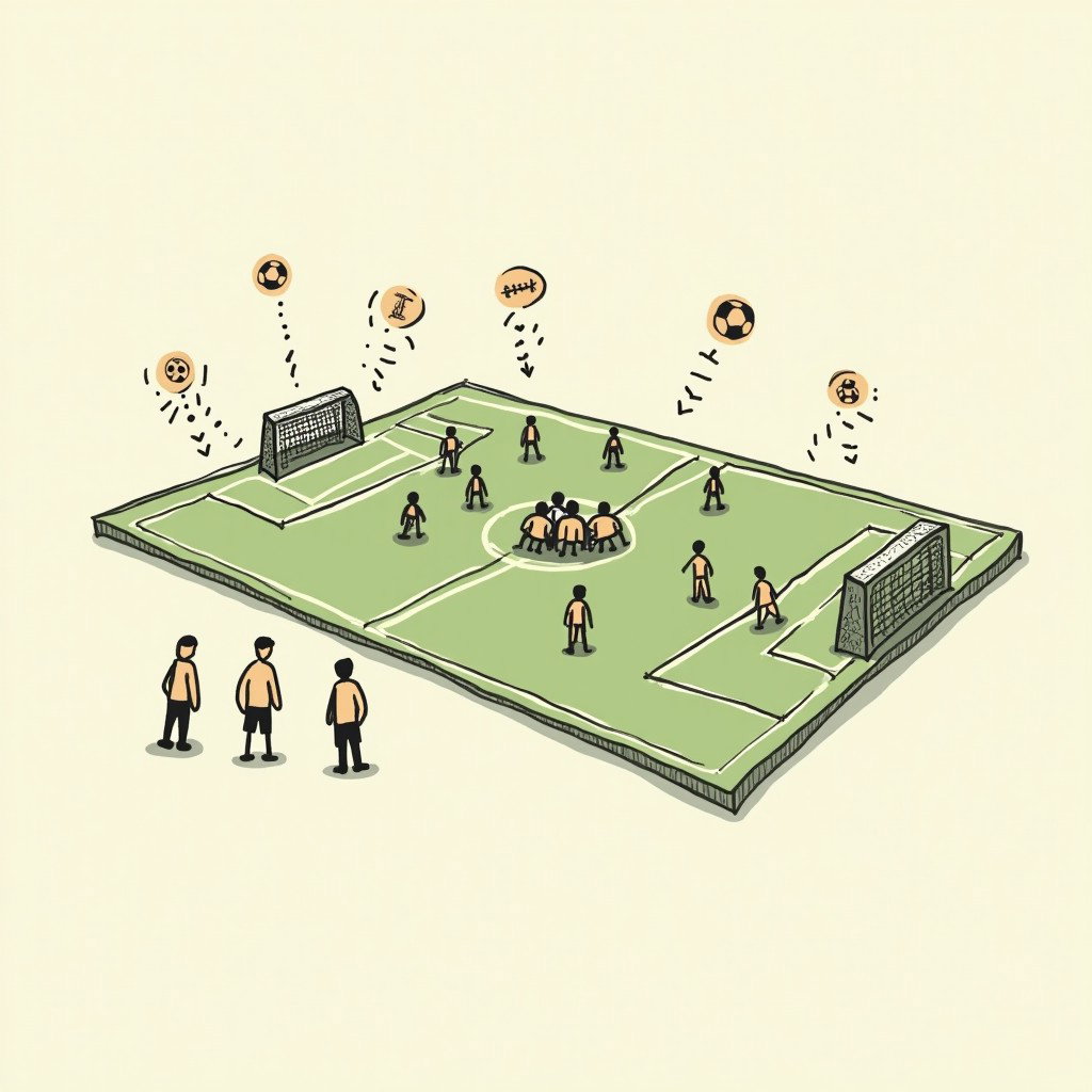 Create a professional doodle-style illustration for a corporate presentation featuring a football field drawn in a simple sketch style