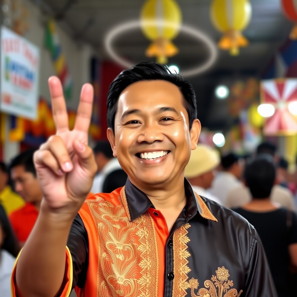 A cheerful Filipino man dressed as Kapitan del Barrio, smiling broadly