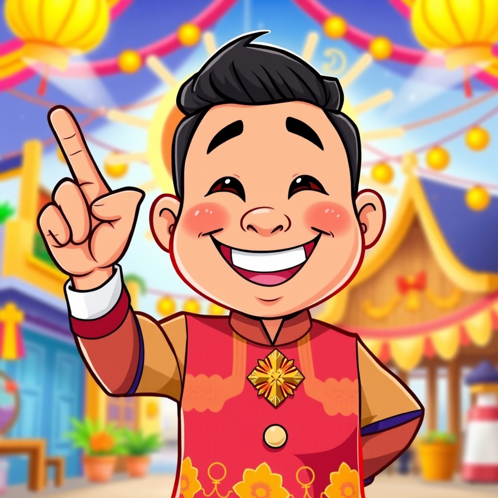 A cartoon character representing a cheerful Filipino Kapitan del Barrio, beaming with a big smile