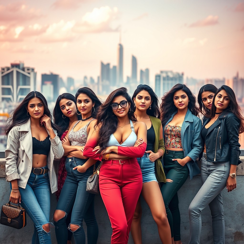 A vibrant and captivating ad campaign for a glamour magazine aimed at Indian women, featuring a group of confident and stylish young Indian women in trendy outfits, posing in an urban setting