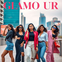 A vibrant and captivating ad campaign for a glamour magazine aimed at Indian women, featuring a group of confident and stylish young Indian women in trendy outfits, posing in an urban setting