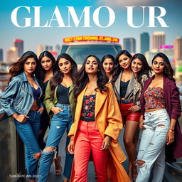 A vibrant and captivating ad campaign for a glamour magazine aimed at Indian women, featuring a group of confident and stylish young Indian women in trendy outfits, posing in an urban setting