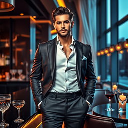 A dynamic and eye-catching advertisement for a luxury men's lifestyle magazine, featuring a stylish and charismatic male model posing confidently in a sophisticated setting, such as a high-end bar or sleek modern mansion