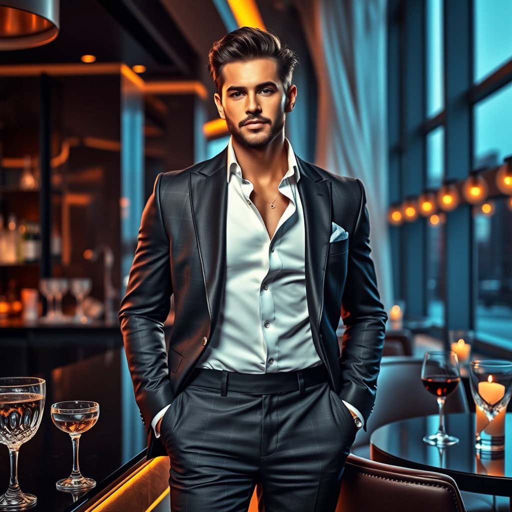 A dynamic and eye-catching advertisement for a luxury men's lifestyle magazine, featuring a stylish and charismatic male model posing confidently in a sophisticated setting, such as a high-end bar or sleek modern mansion