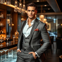 A dynamic and eye-catching advertisement for a luxury men's lifestyle magazine, featuring a stylish and charismatic male model posing confidently in a sophisticated setting, such as a high-end bar or sleek modern mansion