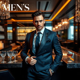 A dynamic and eye-catching advertisement for a luxury men's lifestyle magazine, featuring a stylish and charismatic male model posing confidently in a sophisticated setting, such as a high-end bar or sleek modern mansion