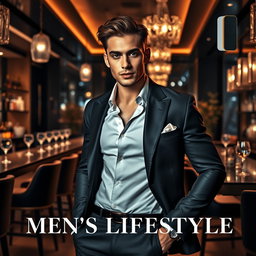 A dynamic and eye-catching advertisement for a luxury men's lifestyle magazine, featuring a stylish and charismatic male model posing confidently in a sophisticated setting, such as a high-end bar or sleek modern mansion