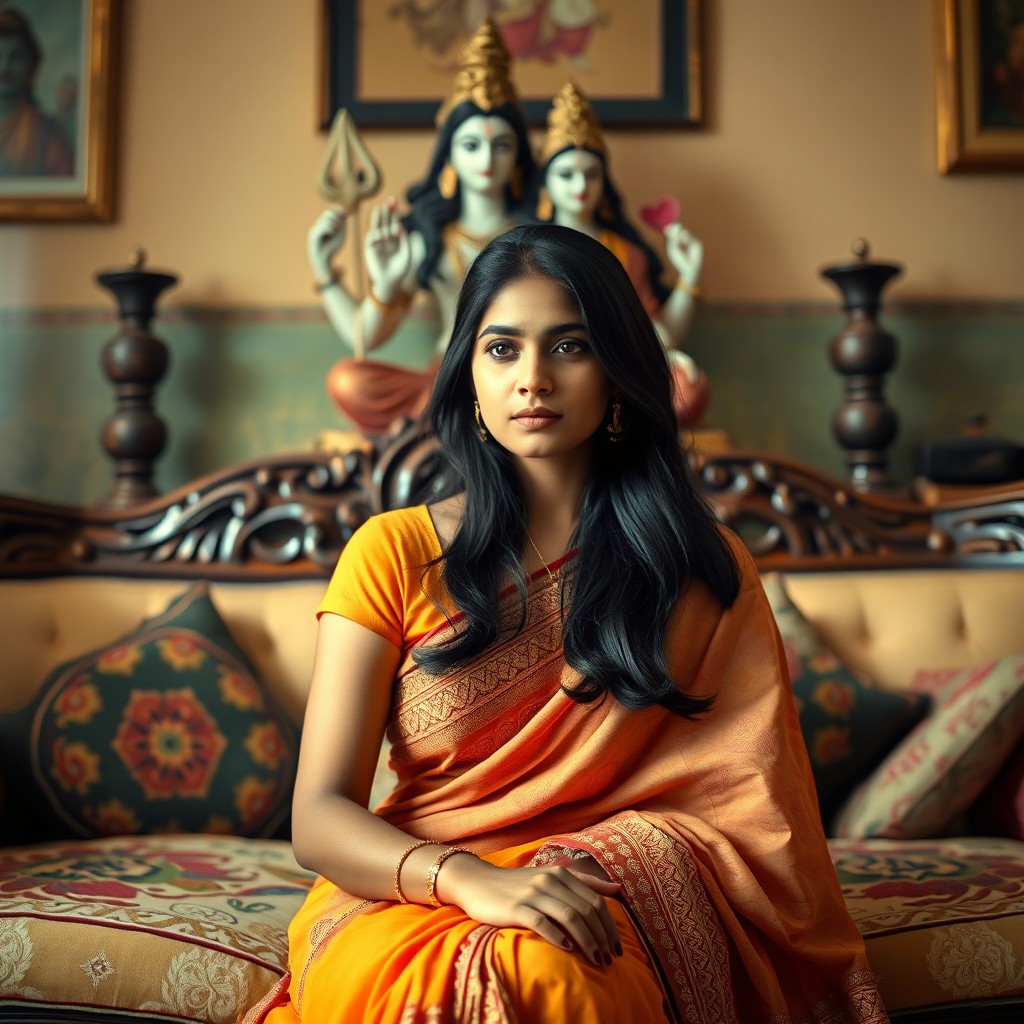 A young Indian married woman sitting gracefully on a vintage, ornate sofa with a melancholic expression
