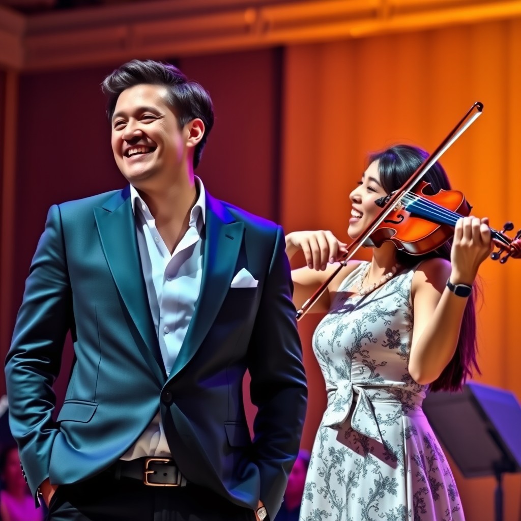 A stylish and charismatic male singer, around 30 years old, dressed in an elegant outfit with a tailored suit and polished shoes, smiling brightly