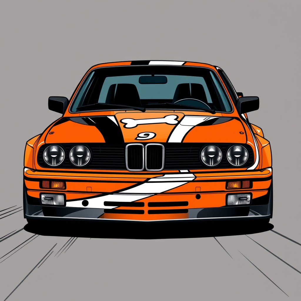 A dynamic comic book style livery design for a BMW E30 coupe, featuring bold orange, black, and white colors