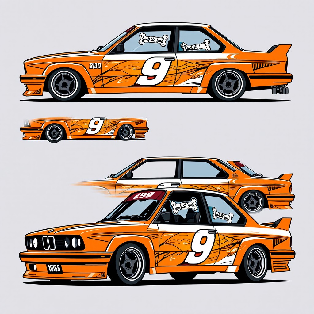A dynamic comic book style livery design for a BMW E30 coupe, showcasing multiple angles of the car