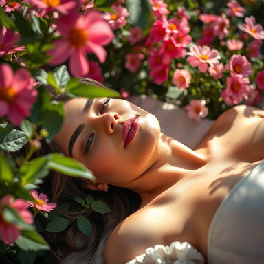 A close-up perspective of a beautiful woman lying down, with a soft focus on her lower body, elegantly framed by a blooming garden of vibrant flowers, capturing an essence of femininity and nature