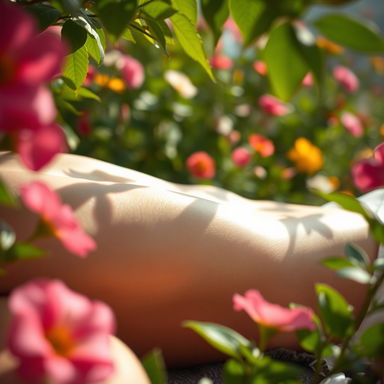 A close-up perspective of a beautiful woman lying down, with a soft focus on her lower body, elegantly framed by a blooming garden of vibrant flowers, capturing an essence of femininity and nature