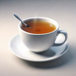 An 8K high-definition rendering of a cup of tea, displaying steam raising from it, and a spoon on the side.