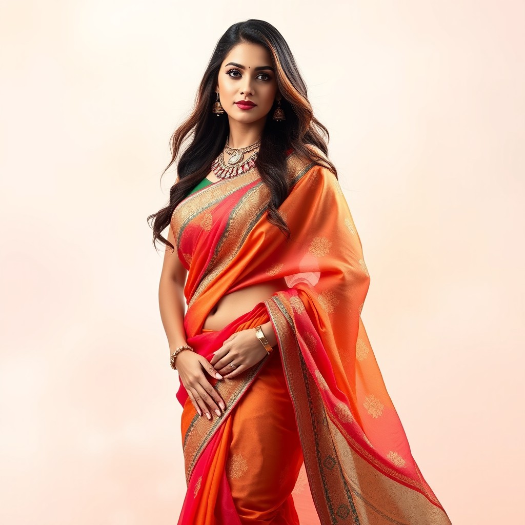 A striking woman wearing a beautiful, traditional saree that elegantly drapes around her body, highlighting her navel