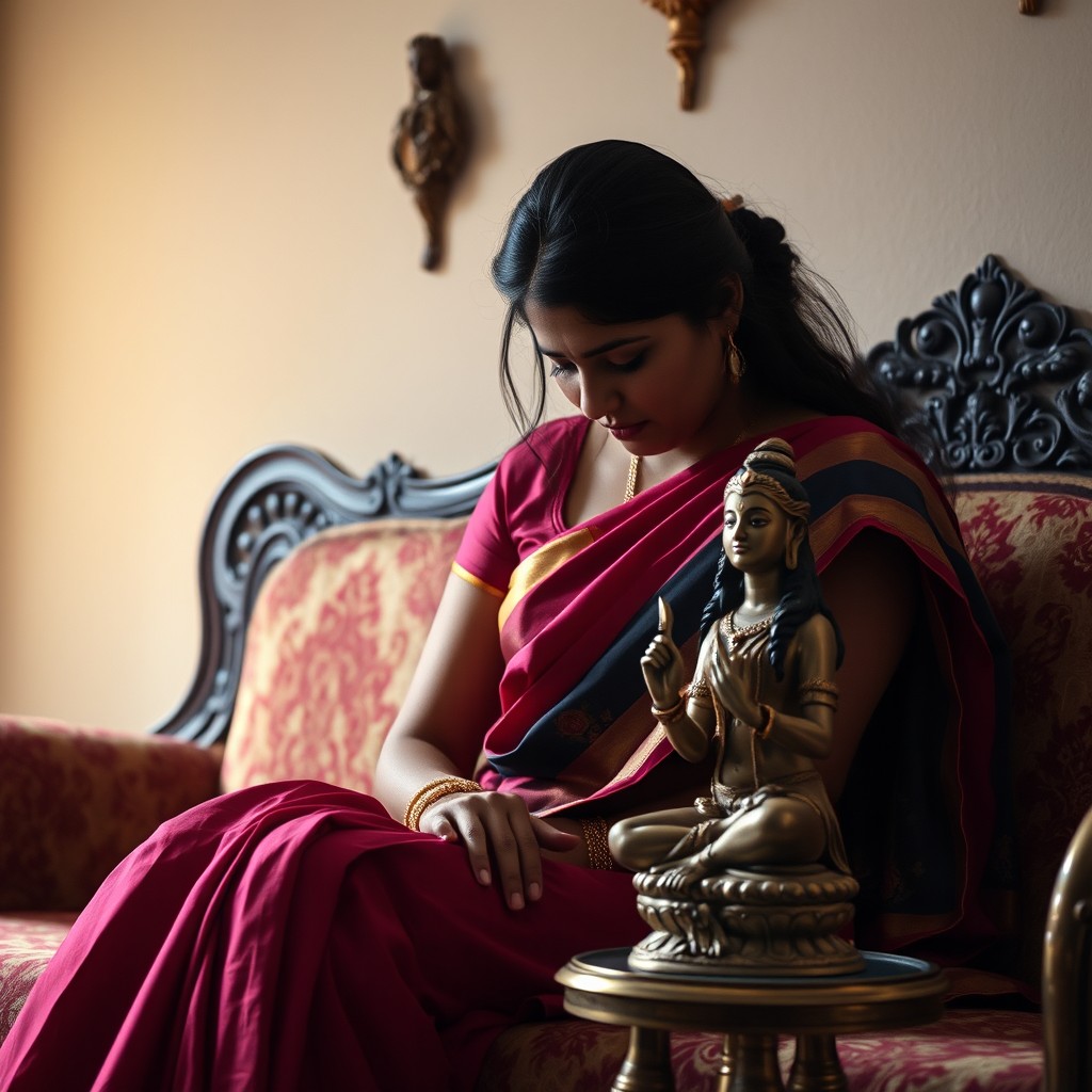 A young Indian married woman sitting on a traditional, intricately designed sofa, with her face bowed down in sadness, conveying a deep sense of contemplation