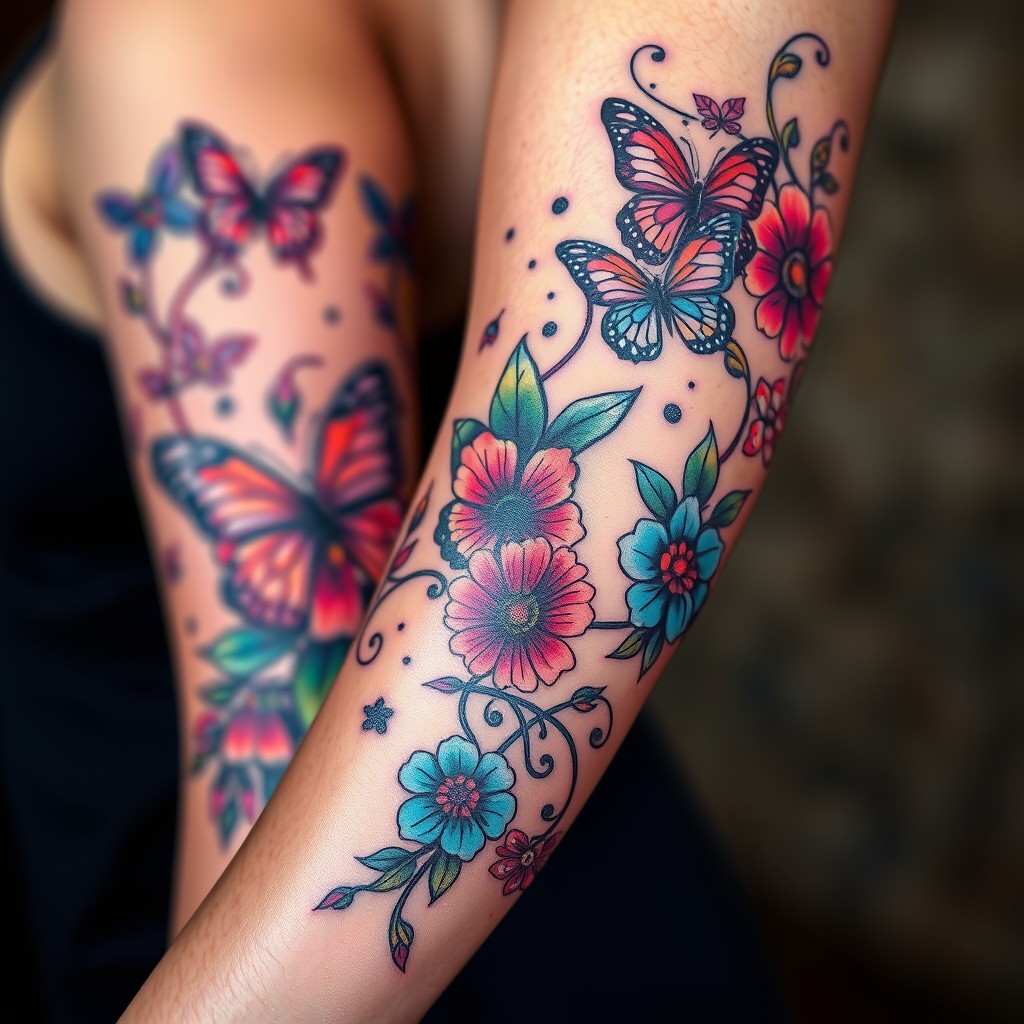 A vivid and detailed tattoo design featuring intricate floral patterns intertwined with geometric shapes, on a canvas of skin