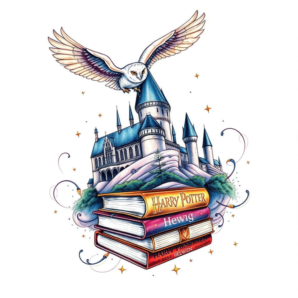 A beautifully detailed tattoo design inspired by Harry Potter, featuring the iconic Hogwarts castle, a stack of Harry Potter books, and the beloved owl, Hedwig, soaring gracefully above