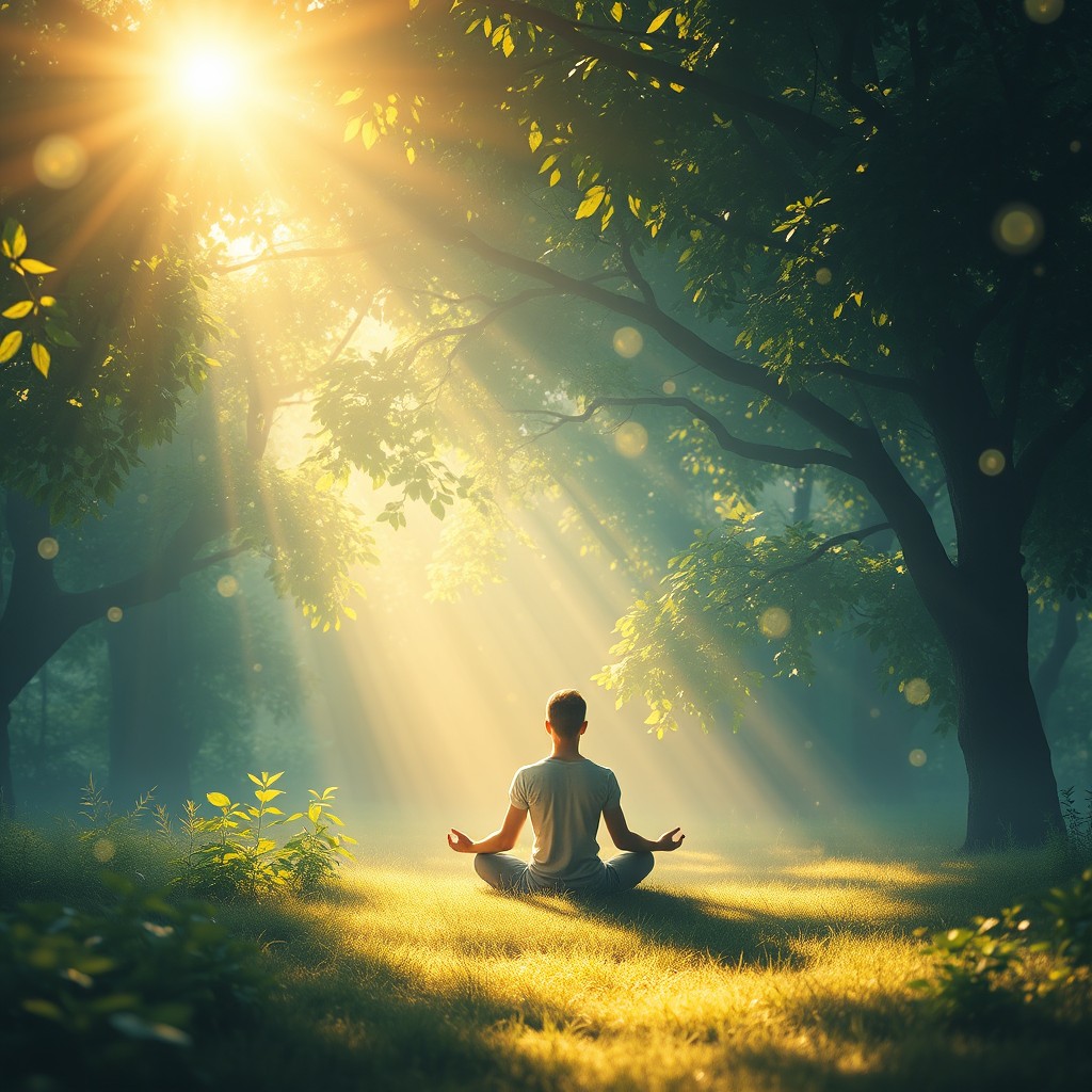 A serene and ethereal scene depicting a person meditating in a lush, peaceful environment, surrounded by floating orbs of light that represent various spiritual energies