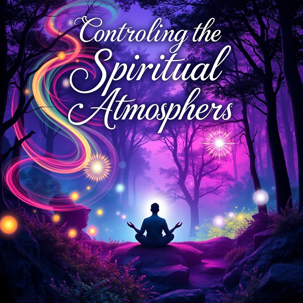 A captivating book cover design titled 'Controlling the Spiritual Atmospheres', featuring a mystical landscape that embodies spiritual energy