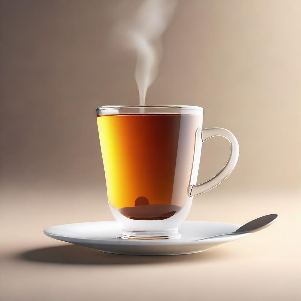 An 8K high-definition rendering of a cup of tea, displaying steam raising from it, and a spoon on the side.