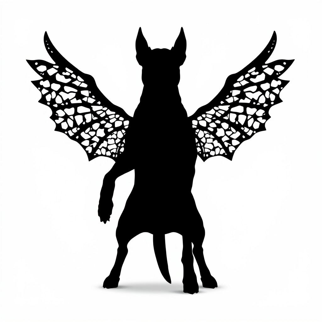 A black silhouette of an aggressive dog in a threatening stance on a white background