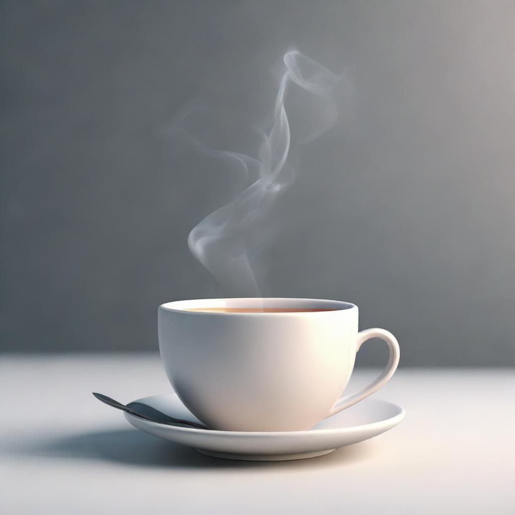 An 8K high-definition rendering of a cup of tea, displaying steam raising from it, and a spoon on the side.