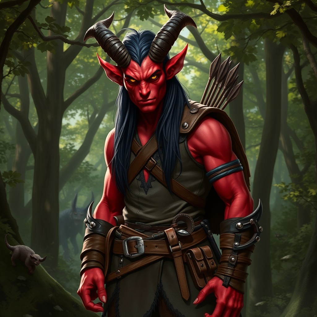 A fierce red-skinned tiefling ranger standing confidently in a lush forest